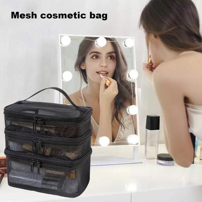 Borsa per cosmetici in rete Multistrato Chiusura con cerniera visibile di grande capacità con maniglia Borsa per il trucco da viaggio per organizzazione classificata portatile