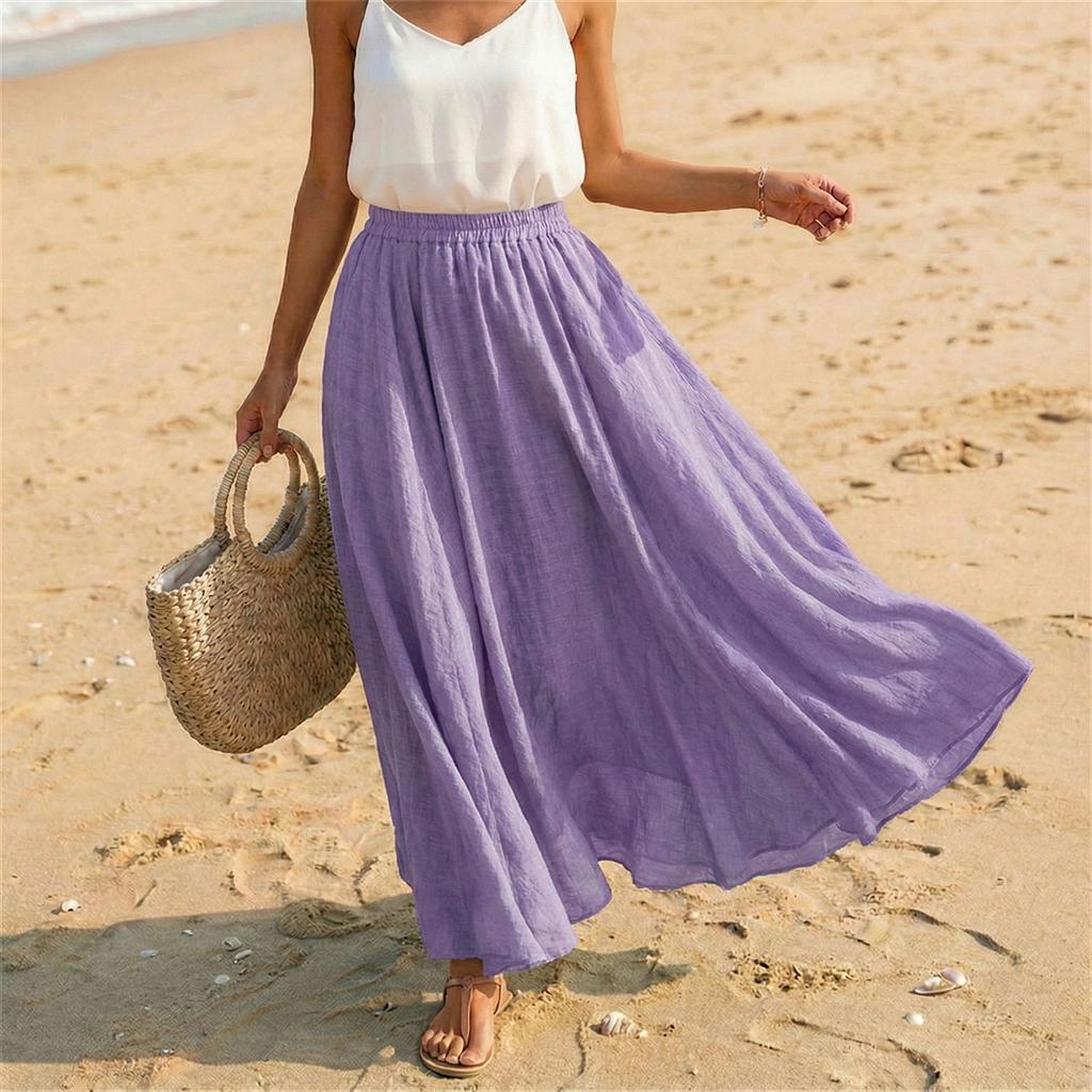 Women Casual Holiday Solid Cotton Linen Long Skirt A Line Beach Midi Skirt Elastic Waist Lightweight Flowing Design