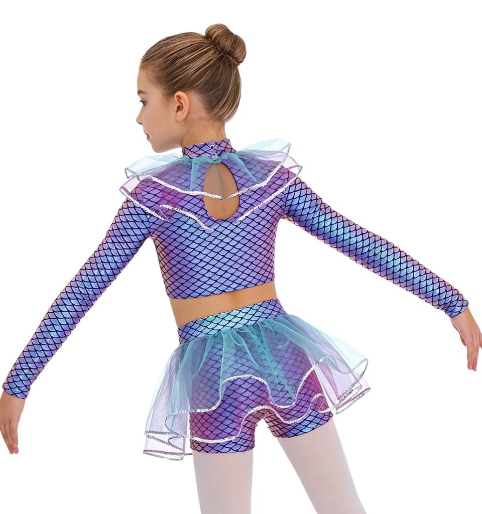 Ensemble Short et Crop Top Mailles Sequins Imprimé Écailles de Poisson Manches Longues Costume Cosplay Sirène pour Filles