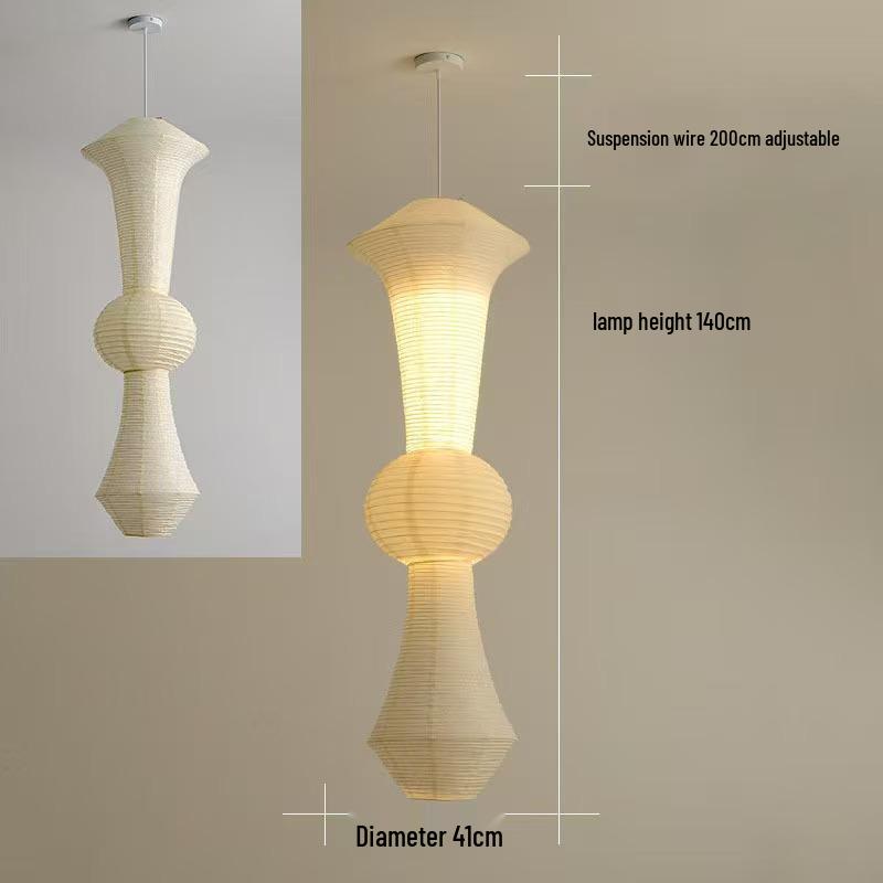 Japanese Wabi-sabi Style Isamu Noguchi Xuan Paper Long Vintage Chandelier for Aisles, Staircases, and Loft Window Displays.