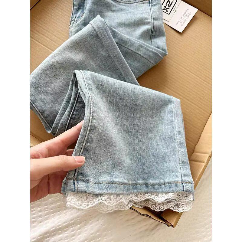 Women's Plus Size Lace-Trimmed High-Waisted Flared Jeans - Slimming, Loose, and Straight-fit for Spring