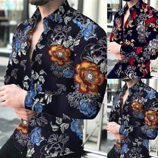 Eye-catching Men Shirt Fine Workmanship Polyester Long Sleeve Flower Pattern Men Shirt Top for Daily
