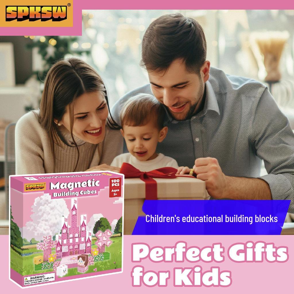 Pink Castle Cube Magnetic Building Block Set - STEM Educational Toy
