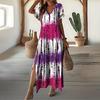 Women Summer Dress V-Neck Short Sleeve Side Slit Design Maxi Dress Tie Dye Print
