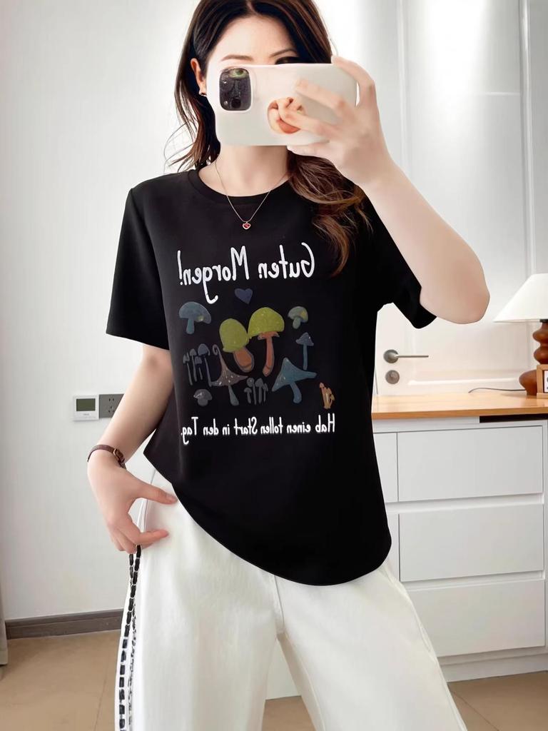 2026 New Summer Cartoon Mushroom Print Women's Round Neck Plus Size Casual Half Sleeve T-shirt
