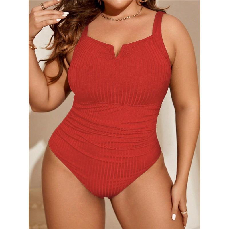 Women's Plus Size Ribbed One Piece Swimsuit, V Notch Tummy Control Triangle Bathing Suit