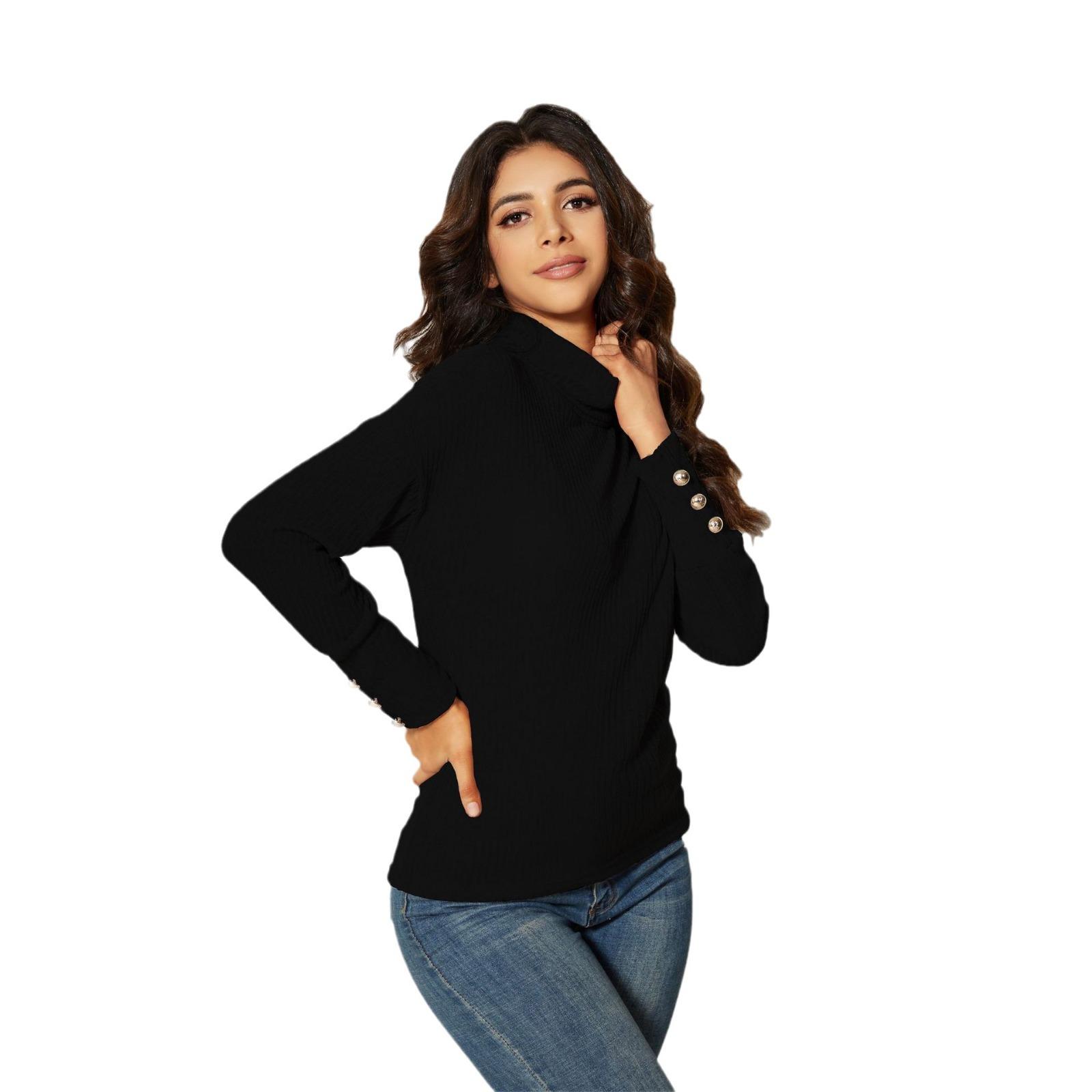Women s Elegant High Neck Knitted Long Sleeve T-Shirt Clothes Sale S чёрный