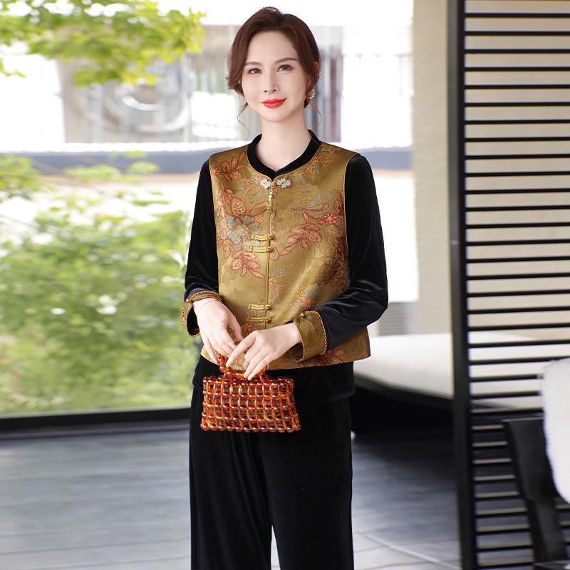 

Elegant Spring Vest Suit for Mothers: National Style Velour Top and Outerwear for Middle-Aged Women. L [Up to 105 jin]