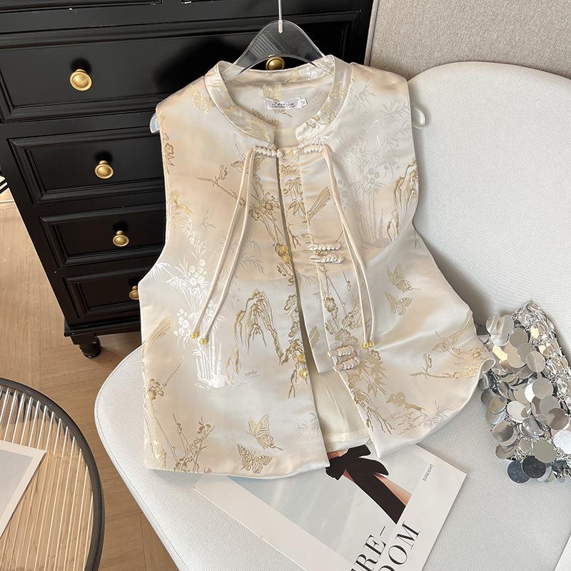 

Реальное фото улучшенная ручная работа пряжка маленький стоячий воротник высококачественный жаккардовый тканый золотой атласный жилет топ XXXL [Recommended 138-75kg] абрикосовый