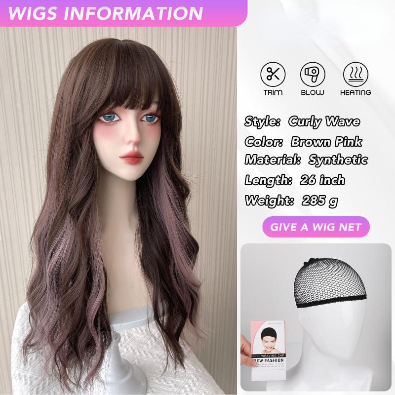 Brown Pink Bangs Wig 26 Inch Fiber Synthetic Wigs Heat-resistant Natural Party or Selfie For Women Korean Fashion