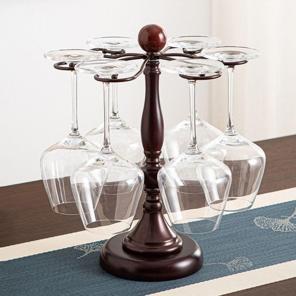 Freestanding 6 Bottles Wine Glass Rack Wooden High-Stem Glass Holder Bar Accessory