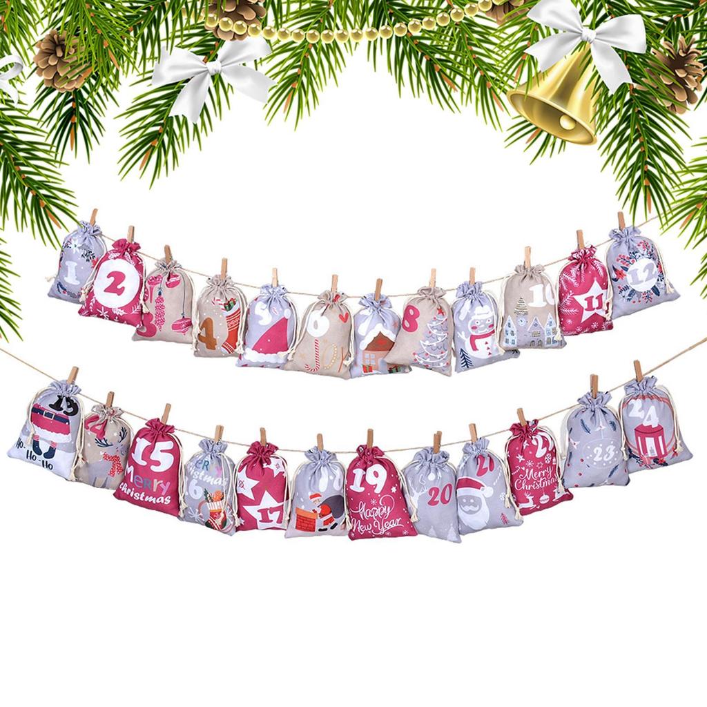 Befüllbarer Weihnachts-Countdown-Kalender 24 Tage Weihnachts-Adventskalender-Beutel Wiederverwendbarer Feiertags-Countdown-Kordelzugbeutel