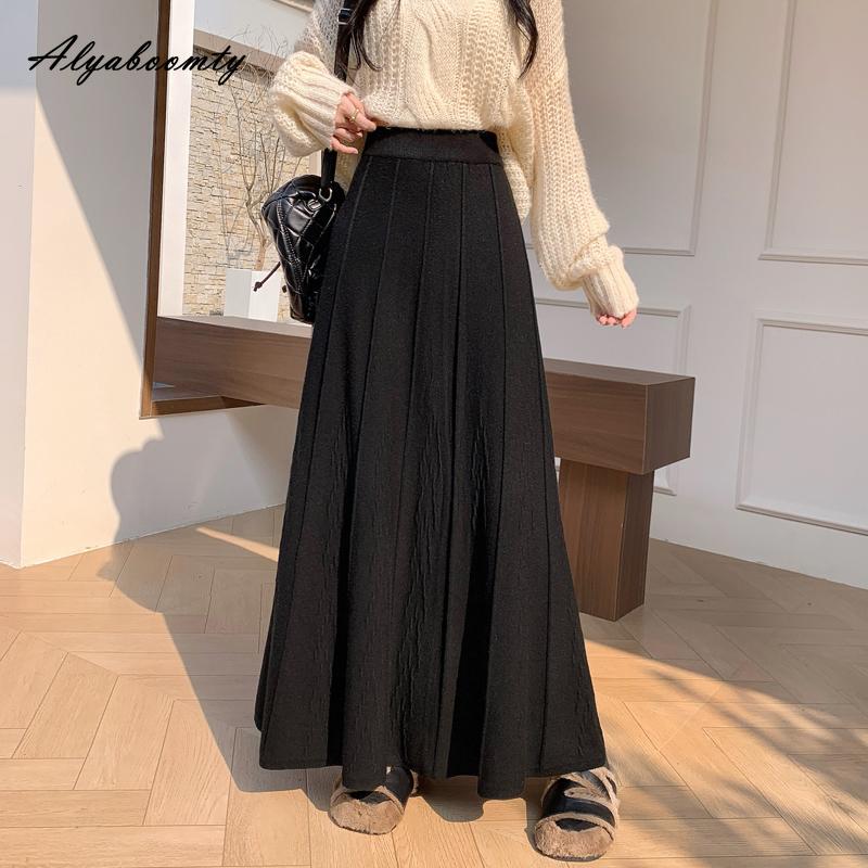 

Елегантна Мода Осінь Зима Жіноча Максі Довга Плісирована Спідниця Еластична Талія Бежева Чорна В язана Спідниця В язана Товста Тепла Базова Спідниця Жіноча One Size чорний