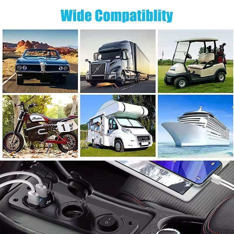 12V USB Outlet Socket Panel Dual Quick Charge 3.0 USB Car Charger Socket Cigarette Lighter Socket ON Off Rocker Toggle Switch