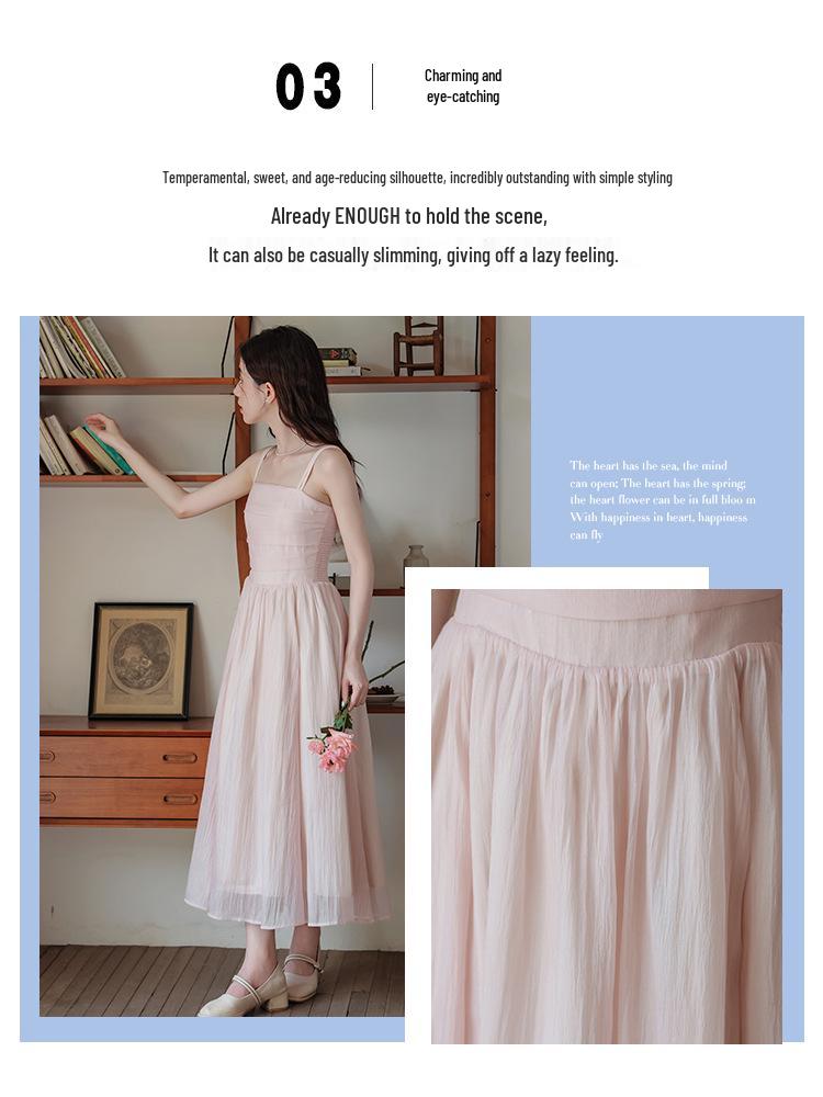 Women's Pink Fairy Mori-Style Sleeveless Long Camisole Dress for Summer Beach Vacation