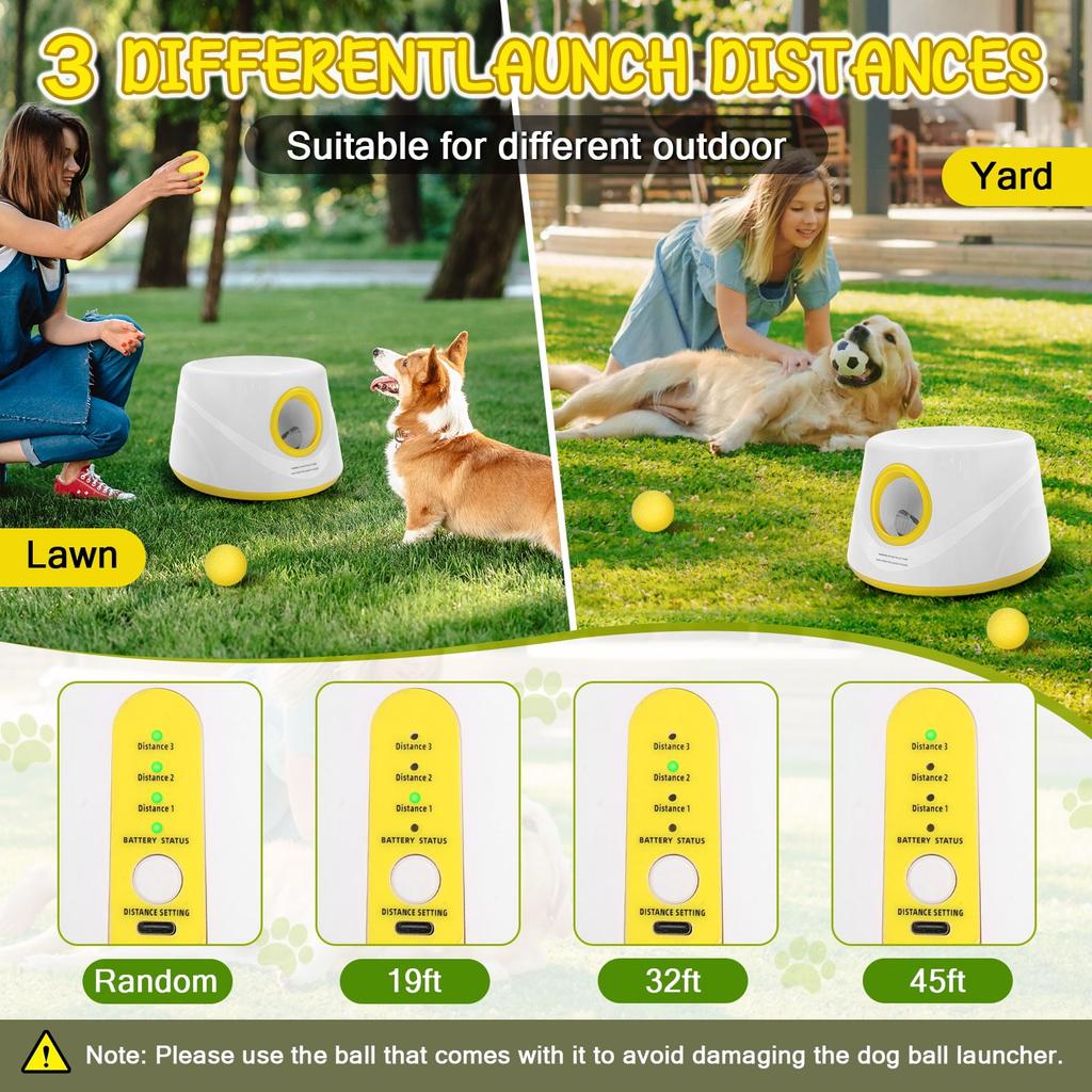 Lanceur de balles automatique pour chiens, Machine interactive de lancer de balle avec 3 niveaux de distance(20-46 pieds) & 5 Balles, Lanceur de Balle pour Chien pour Jouer à l'Intérieur et à l'Extérieur