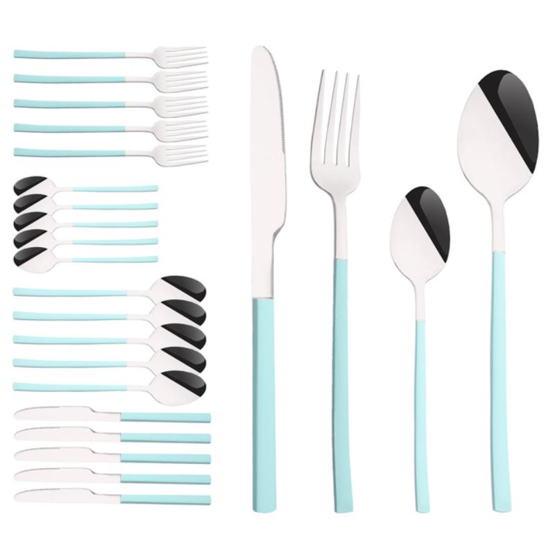 24 ks Moderní jídelní sada Nerezová sada nádobí Modrá Zlatá Nůž Vidlička Lžíce Čajová lžička Kuchyňská sada příborů