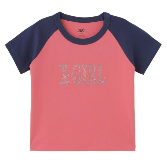 

Rhinestone Roman Type Logo Raglan Short Sleeve Baby Medium X-girl Tee, 105252011029, Pink, рожевий