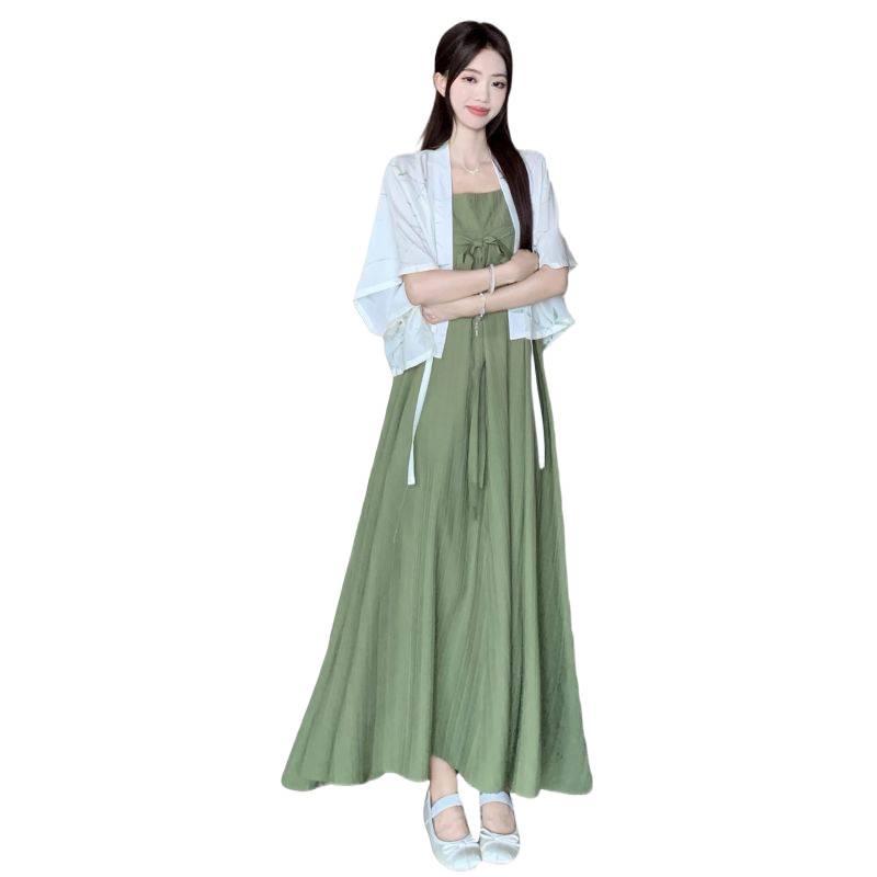 Plus Size Women's Chinese Style Waist-Cinching Camisole Dress & Fairy Cardigan Set
