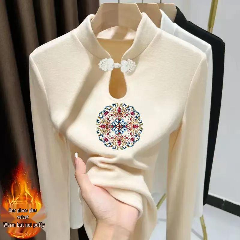 

Women s Autumn Winter Frog Button Stand Collar Long Sleeve T-shirt with Water Drop Print - Warm and Versatile M [Suitable for 80-100 lbs]