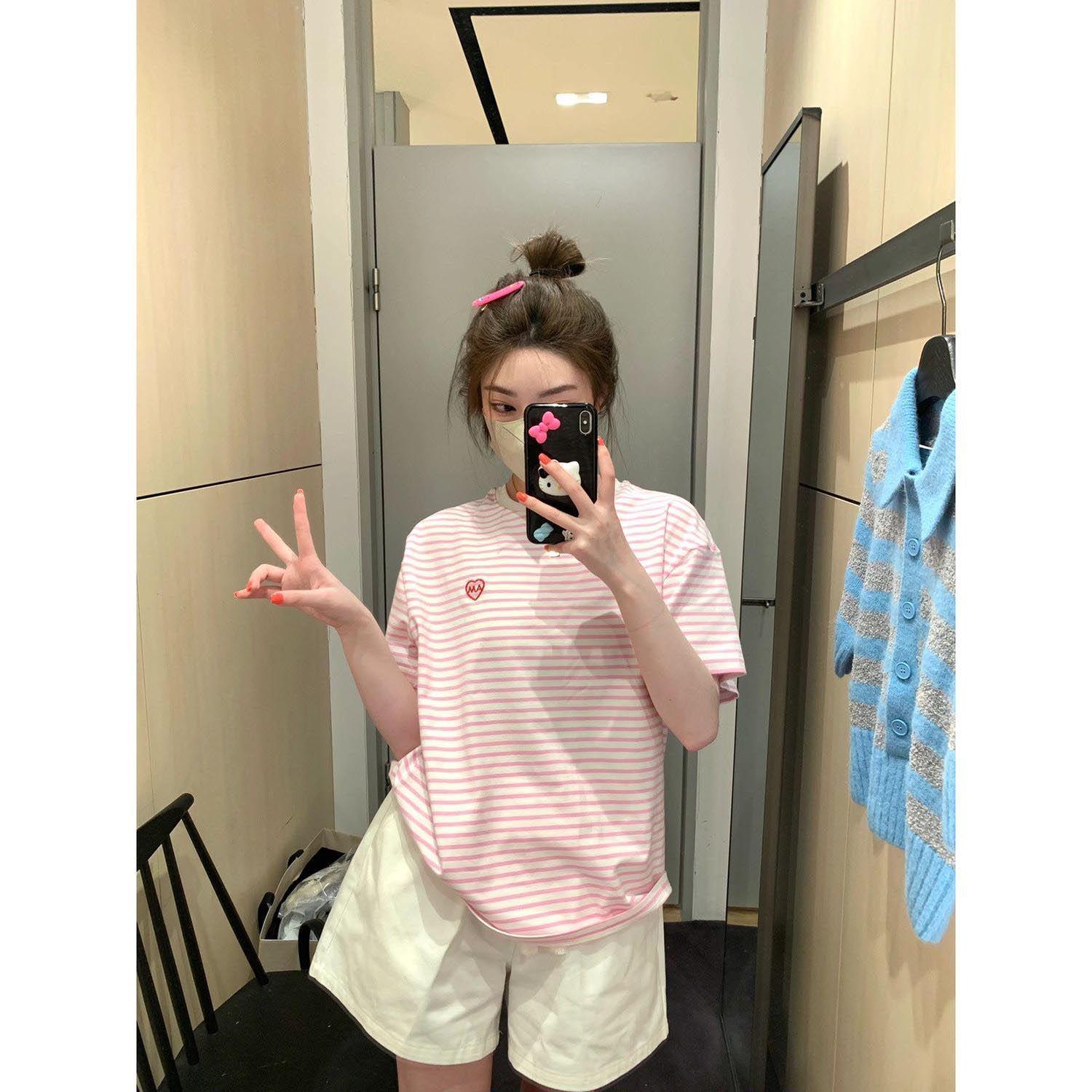 

Летний полосатый комплект из футболки и шорт с широкими штанинами - Повседневная, омолаживающая мода XL