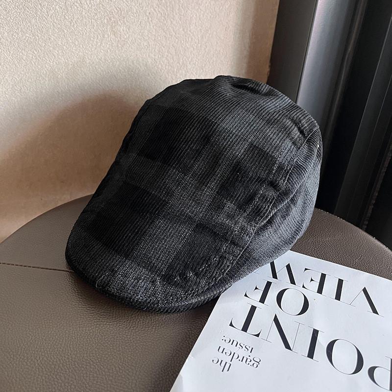 Vintage Style Corduroy Plaid Beret With Sun Shade And Warmth For Urban Fashion Enthusiasts