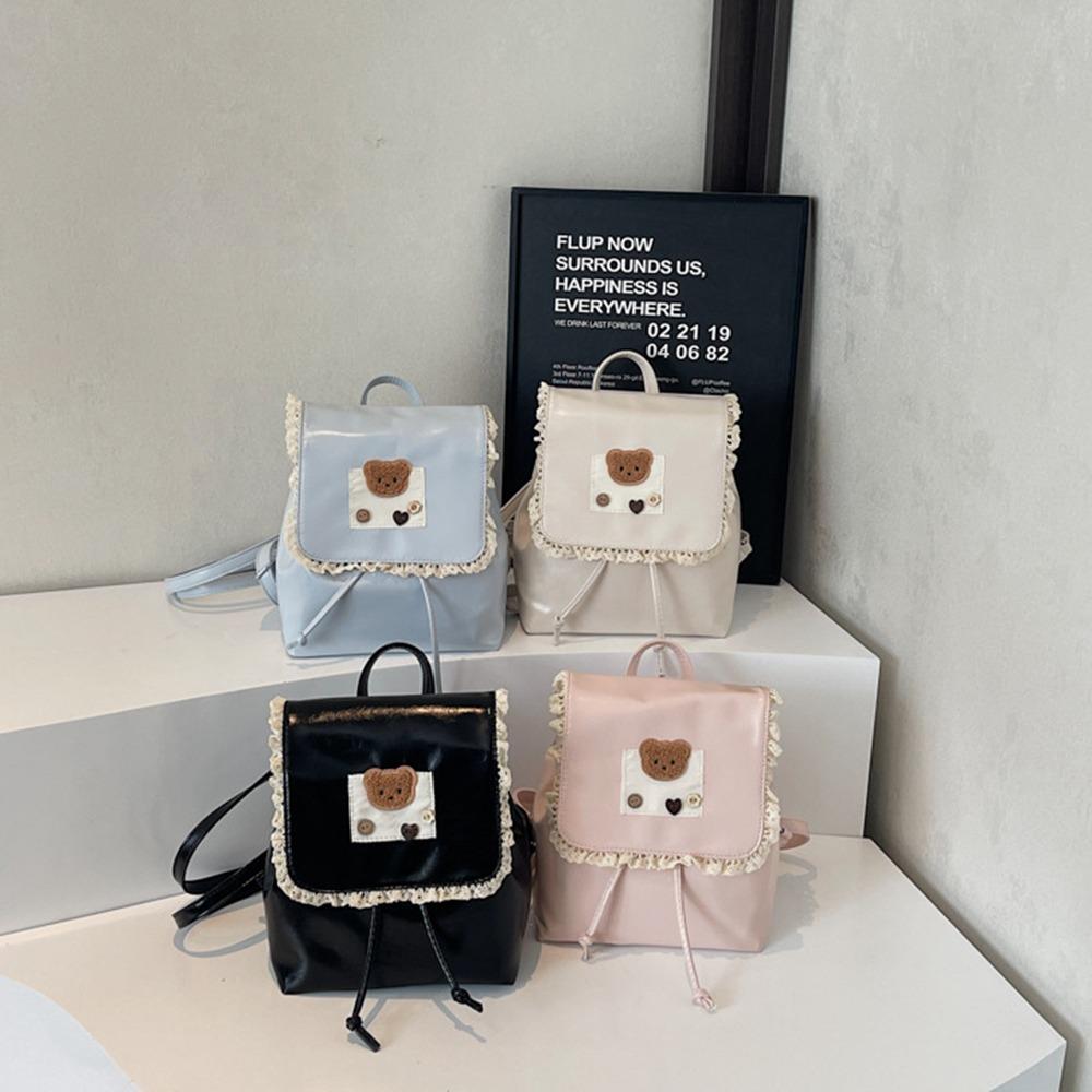 Ruffled Lace Drawstring Backpack Ballet Style Cute Bear Knapsack Sweet Fashion Backpack  Girls