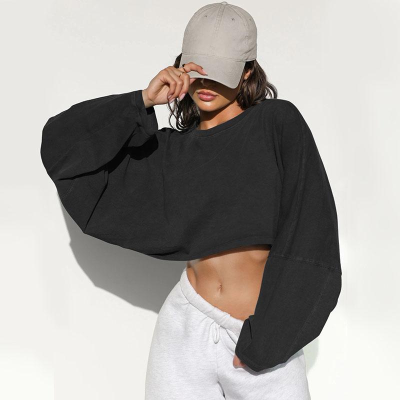 Løstsittende rund hals cropped sweatshirt dame avslappet langermet basis sportsskjorte høst vinter ensfarget kort genser