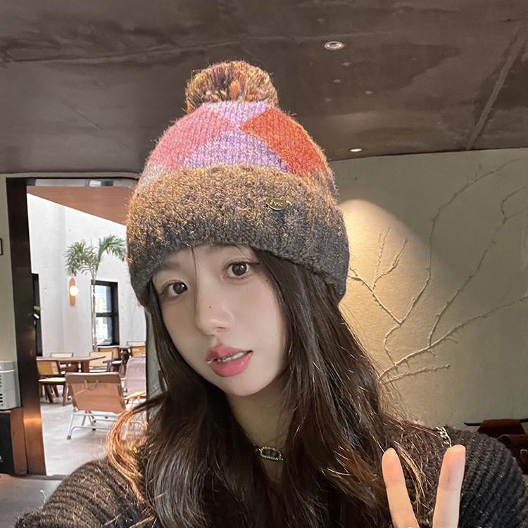 Wool hat women's fashion retro versatile color rhombus knitted hat autumn and winter new cold and warm hairball hat