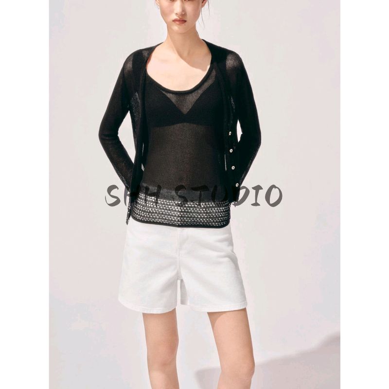 Autumn New Women's Clothing Idle Style Single Row Multi-Buckle Mesh Hem Long Sleeves V-neck Knitted Jacket 2756104