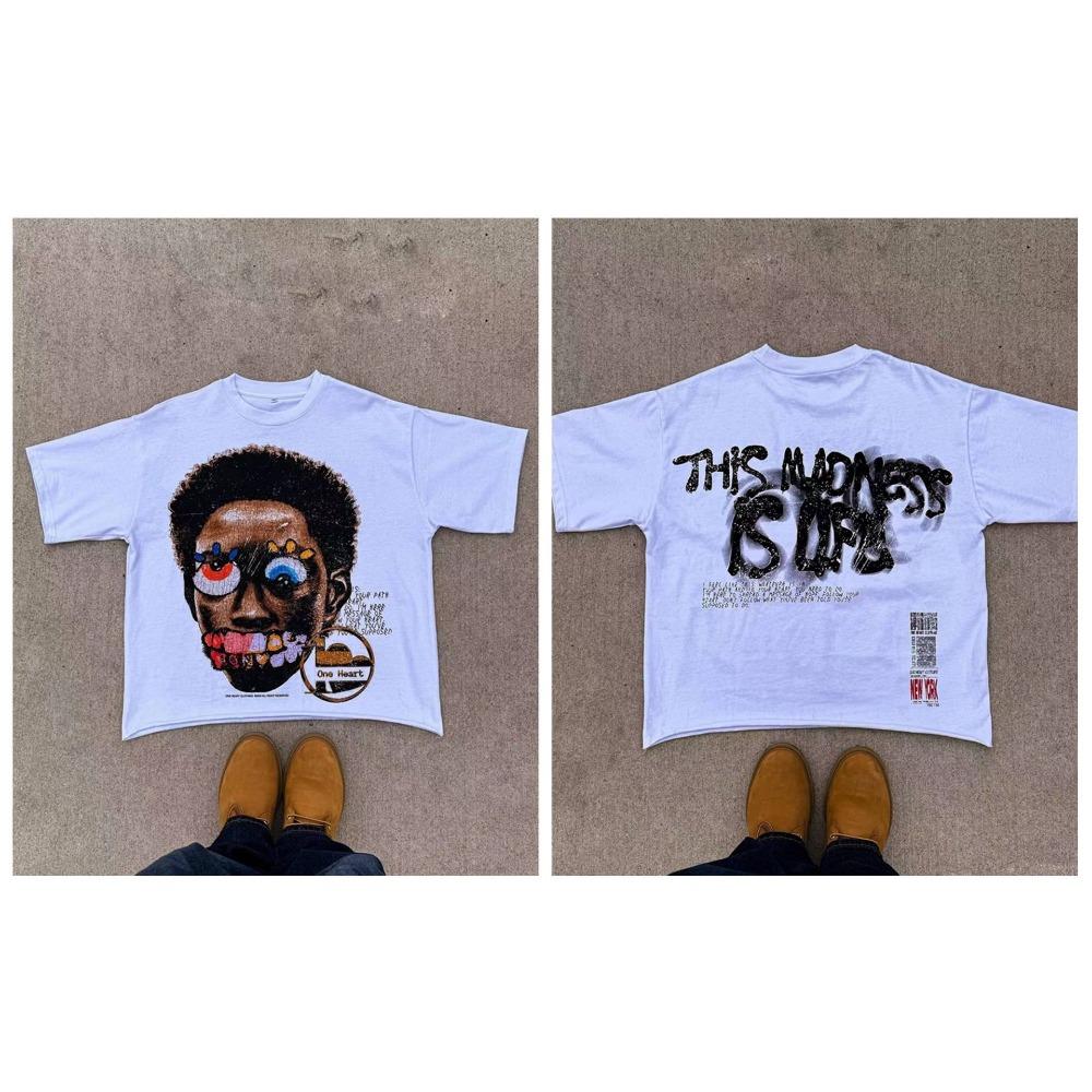 ZYLLO New European and American Character Cartoon Letter Printed T-shirt for Men Y2k Harajuku Casual Pure Cotton Loose Short Sleeve