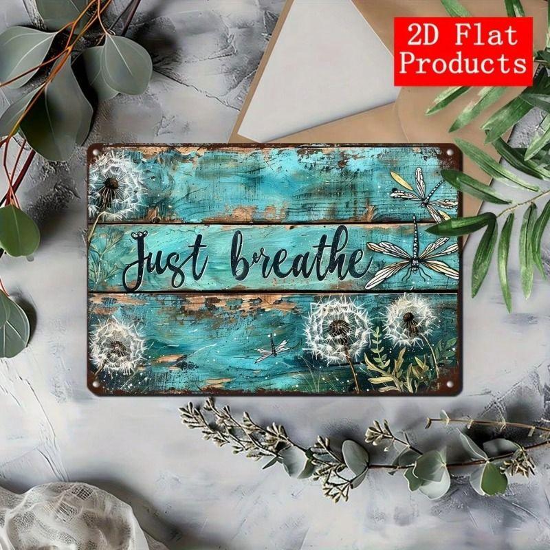 Vintage Boho Wall Art Metal Poster Just Breathe Dandelion 8x12 inch