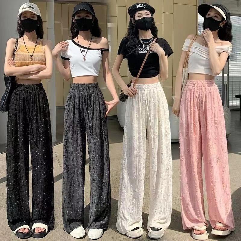 Y2k Streetwear Diamonds Wide-legged Pants Grunge Hole Women Clothing High Waisted Baggy Straight Pants Design Chic Trouser