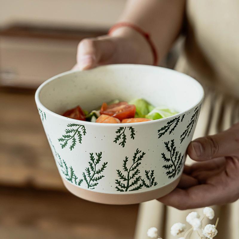Salad Bowl Pastoral Hand-Painted Ceramic Bowl Japanese-Style Relief Rough Pottery Bowl Household Tableware Rice Bowl Vegetable Bowl Fruit Bowl
