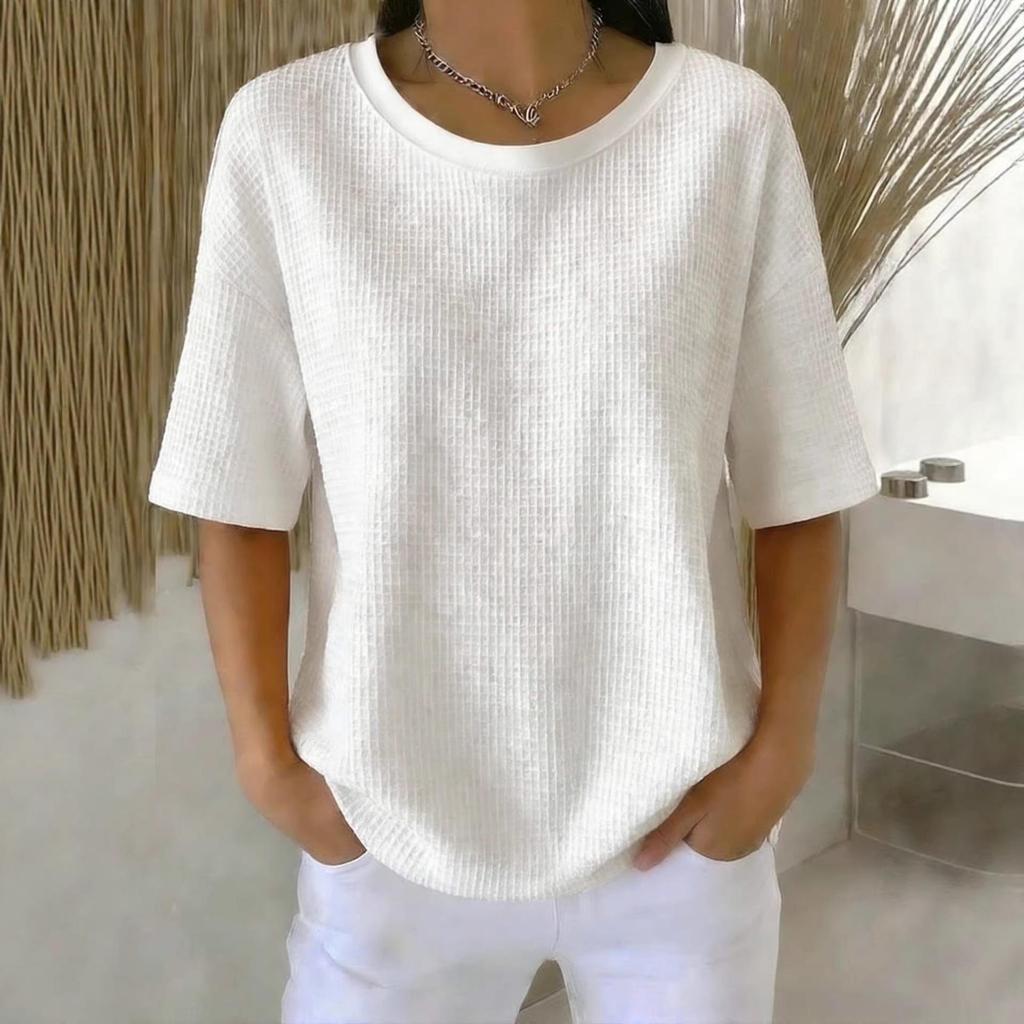 2026 Summer New Fashion: Simple Solid Color Waffle Knit Round Neck Short Sleeve Top