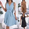 Temperament Cross V-neck Sleeveless Waist Pleated Dress