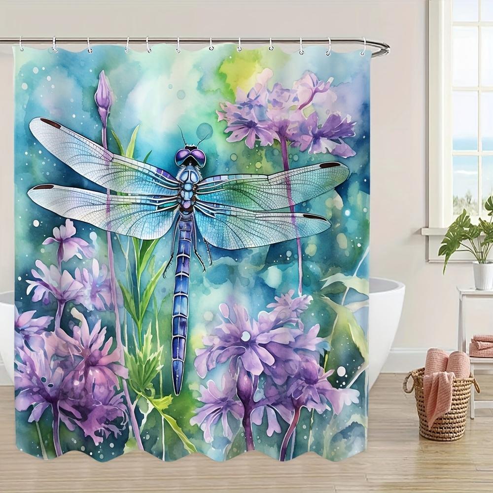 Watercolor Dragonfly Bath Curtain -Vibrant Purple Flowers &Blue Wings;Waterproof Home Decor Adds Artistic Charm To Your Bathroom