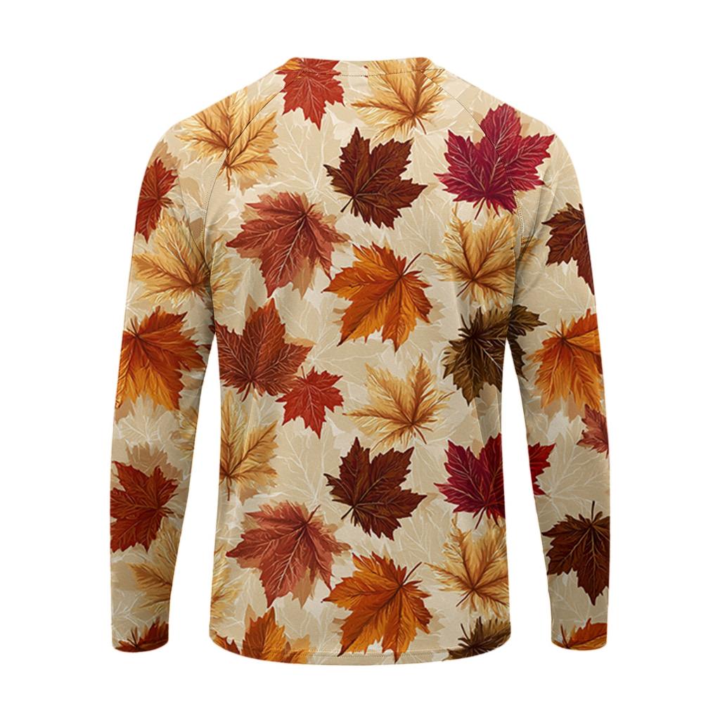T-shirt da uomo a maniche lunghe con stampa di foglie d'acero, top casual leggero girocollo per autunno e inverno
