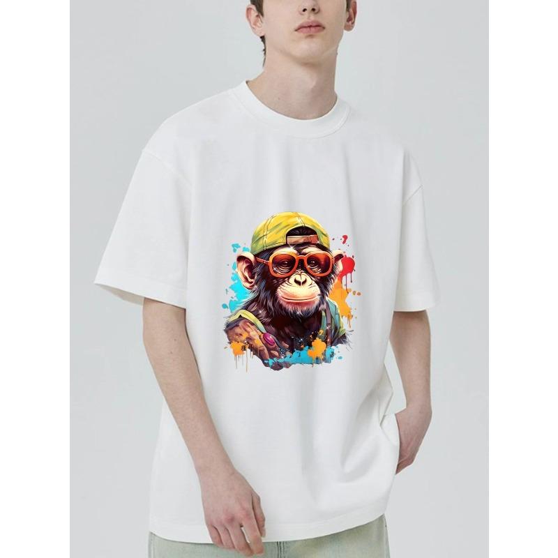 Black T Shirt with Monkey Wearing Cap and Sunglasses Print for Casual Wear