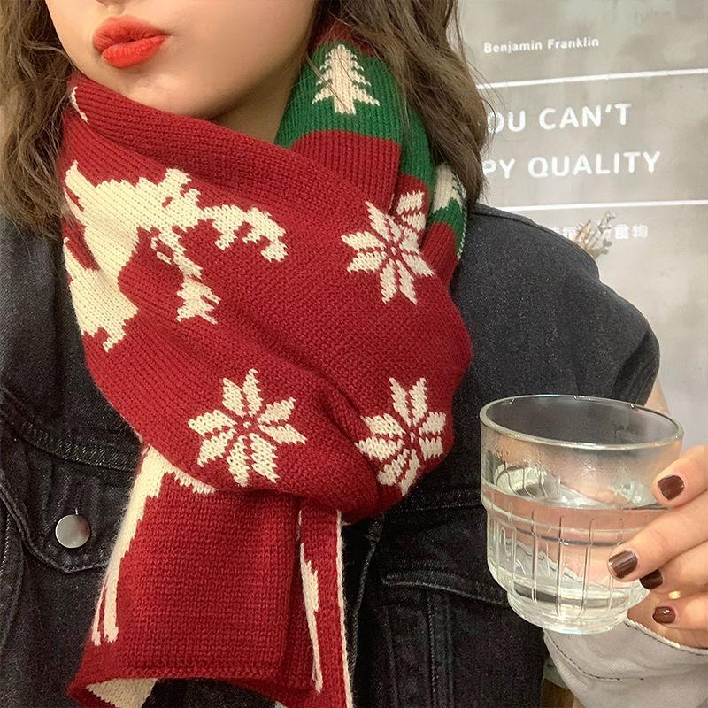 Christmas Elk Big Scarf Women's Autumn and Winter Versatile Cute Girl Heart Long Knitted Wool Scarf Winter Warm