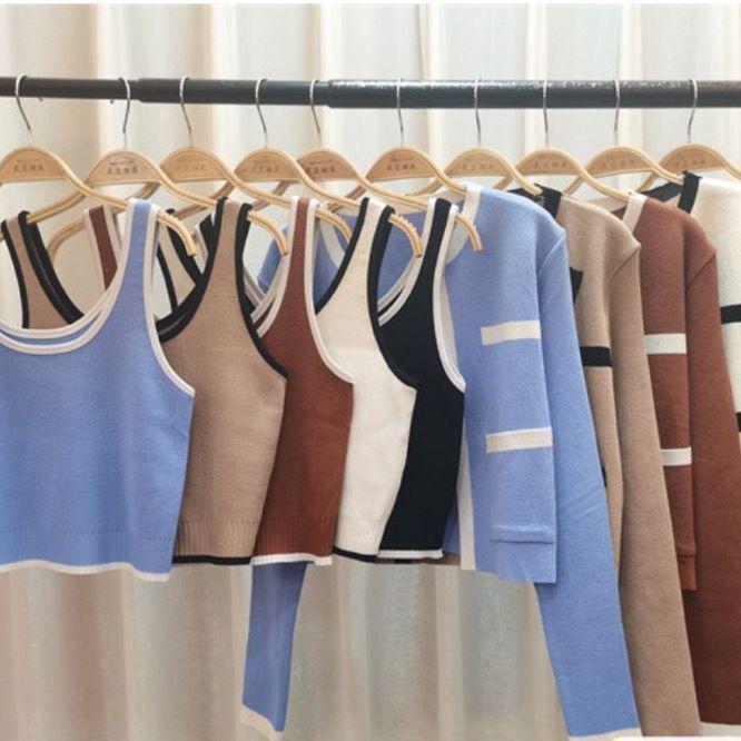 

Корейский комплект из двух предметов: кардиган и майка контрастного цвета для женщин - стиль ранней осени 2024 г. One Size (37.5kg-60kg)