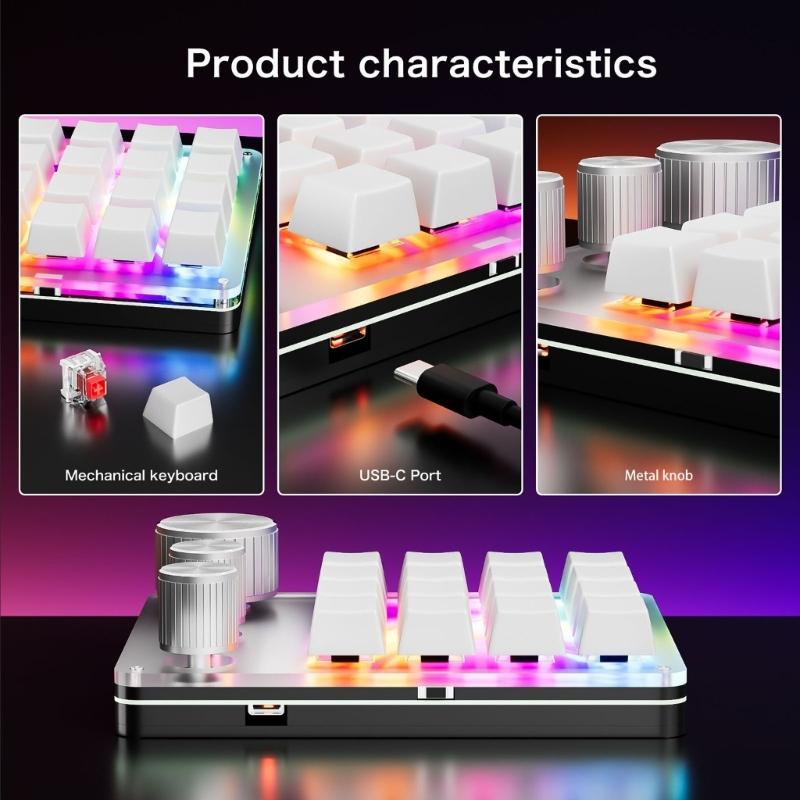 USB C Macro Keypad with 16-Key and 3 Knobs Programmable  Mechanical Gaming Keyboard for Efficiency Gaming and Office