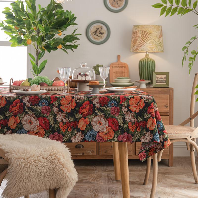American Retro Polyester Cotton Color Woven Jacquard Magpie Flower Plant Fringed Tablecloth Rectangular Coffee Table Tablecloth Dining Table Cloth