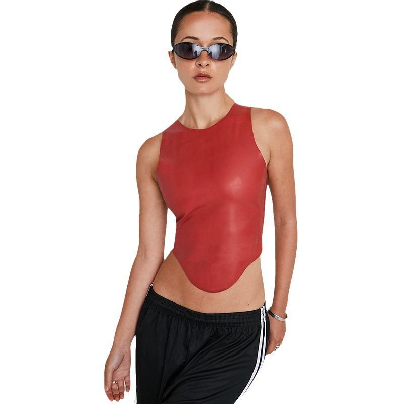 

Women s New Leather Simple Spice Girl Round Neck Sleeveless Irregular Top S