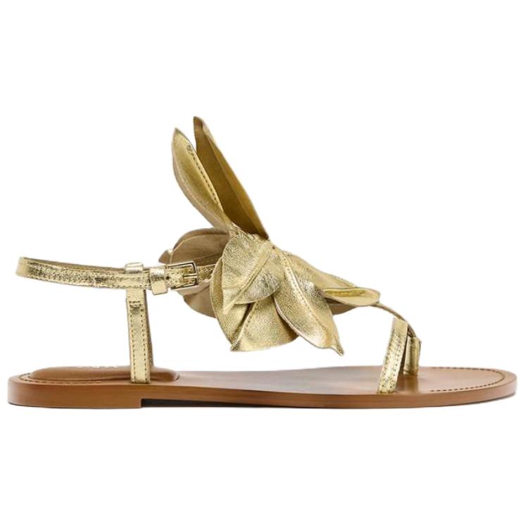 Zara Sheepskin Floral Decor Flat Sandals Women sandals Gold 3612510253
