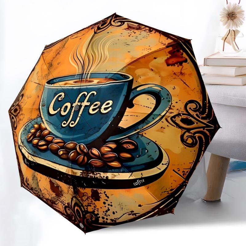 1pc Coffee Cup Print Automatic Open/Close Folding Umbrella - Compact 8-Rib Design, Daily Use, Perfect Gift for Friends & Family yy251124191