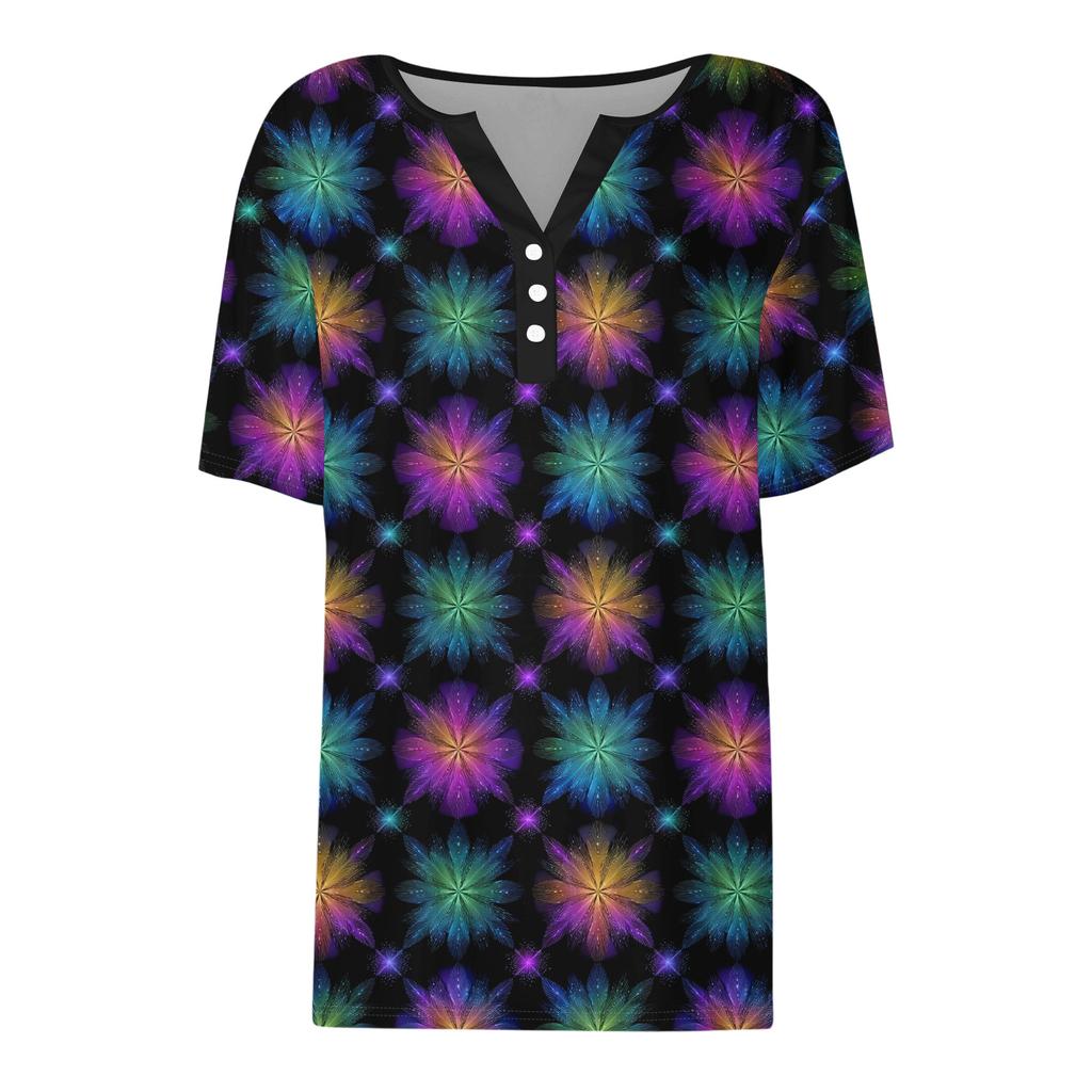 Damen-T-Shirt, T-Shirt, bedruckt, Knopfleiste, kurzärmelig, für den Alltag, Wochenende, modisch, Basic, V-Ausschnitt, normales Oberteil