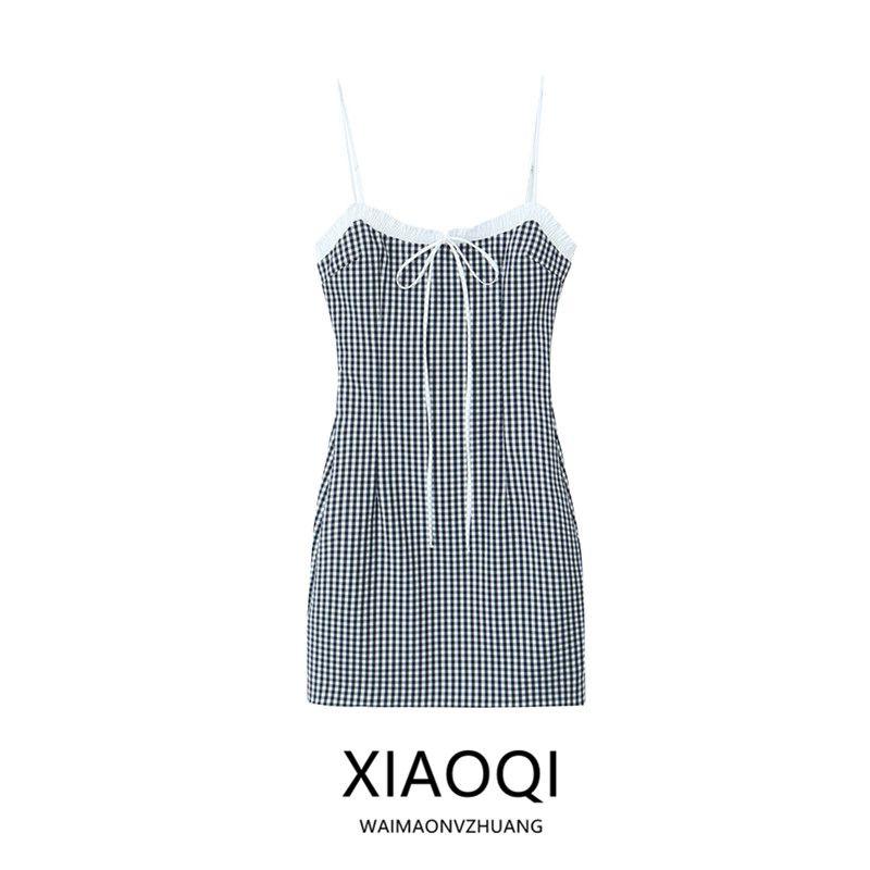 Fashion Style 2024 Summer New Arrival Women's Clothing Plaid Stitching Blue Sling Dress Short Skirt 3152329401
