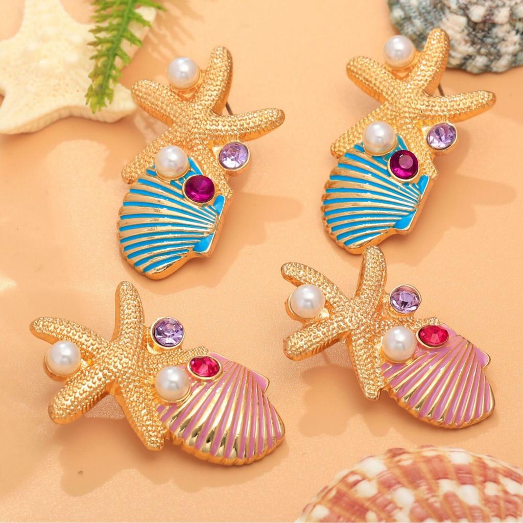 Vacation Style Personality Pink Shell Starfish Diamond Pearl Stud Earrings Summer Vacation Premium Ladies