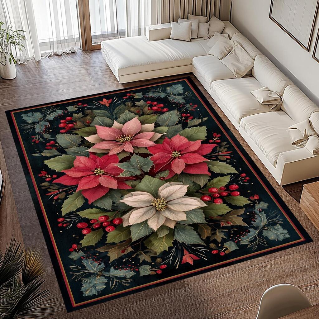 Christmas Poinsettia Flower Rug Anti-slip Floor Mat Suitable for Living Room Bedroom and Home Decoration